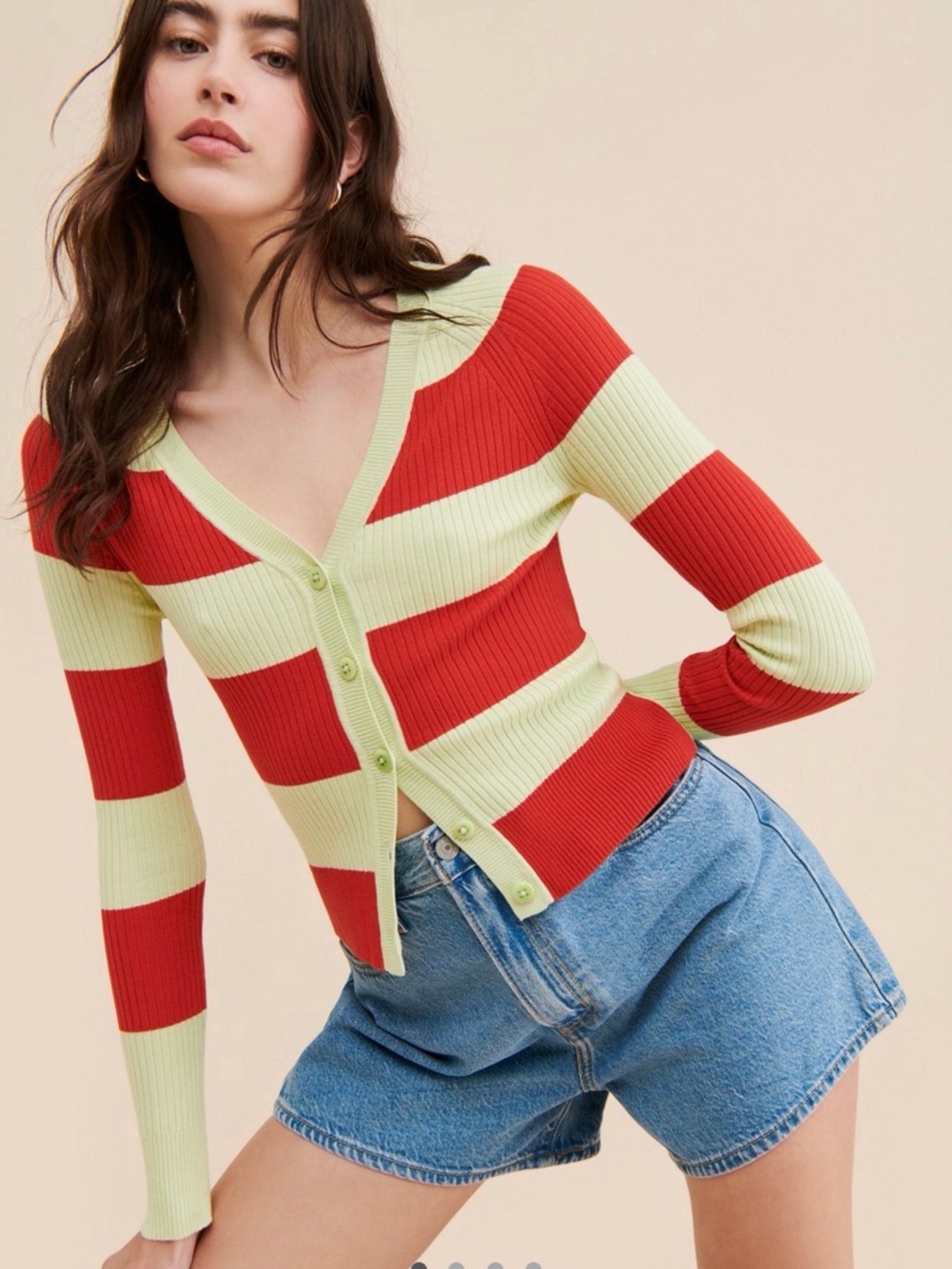 Anthropologie Red & Light Green Striped Ribbed V-Neck Cardigan